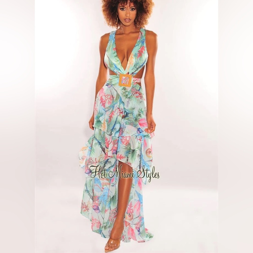 HOT MIAMI STYLES:Mint Multi Color Print Cut Out Lace Up Back Belted Slit Maxi -L